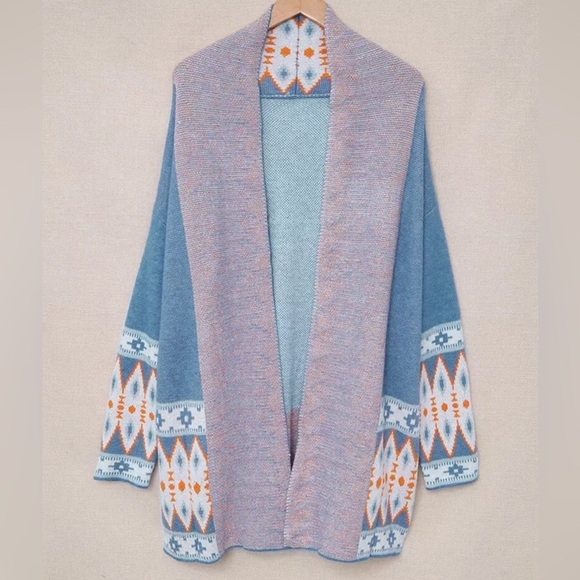 Cardigan Aztec Sweater ~ Long Sleeve Tribal Print Wool Knit Open Front in Blue - Picture 2 of 16